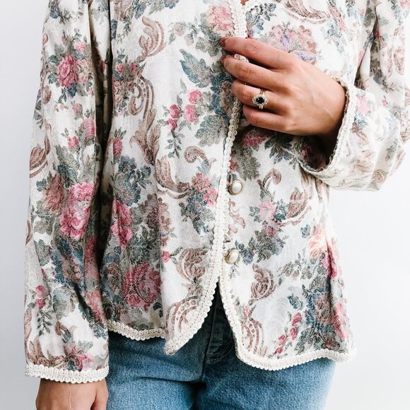 Vintage Floral Button Up Jacket with Tie Back - L - Picture 4 of 7